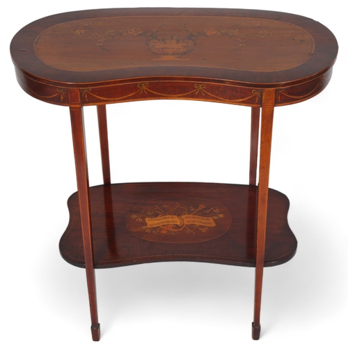 489 - An Edwardian marquetry inlaid kidney-shaped 2-tier occasional table, width 67cm