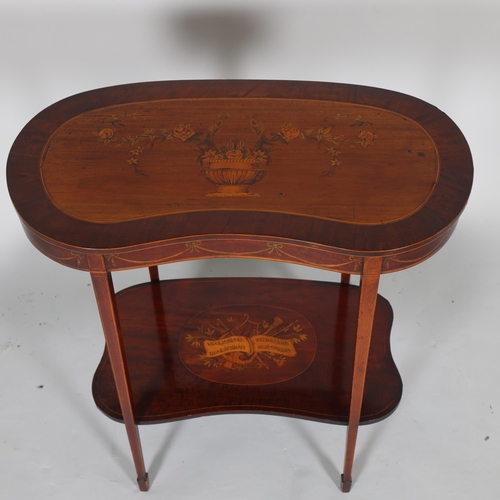 489 - An Edwardian marquetry inlaid kidney-shaped 2-tier occasional table, width 67cm