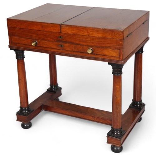 490 - A George III mahogany writing desk, with double fold-out top enclosing a fitted interior, single fri... 