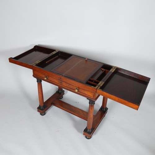 490 - A George III mahogany writing desk, with double fold-out top enclosing a fitted interior, single fri... 