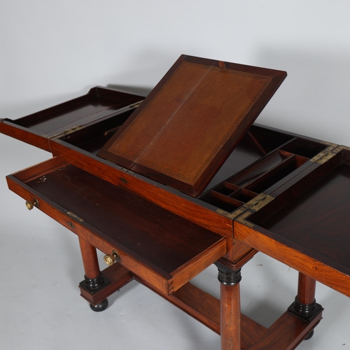 490 - A George III mahogany writing desk, with double fold-out top enclosing a fitted interior, single fri... 