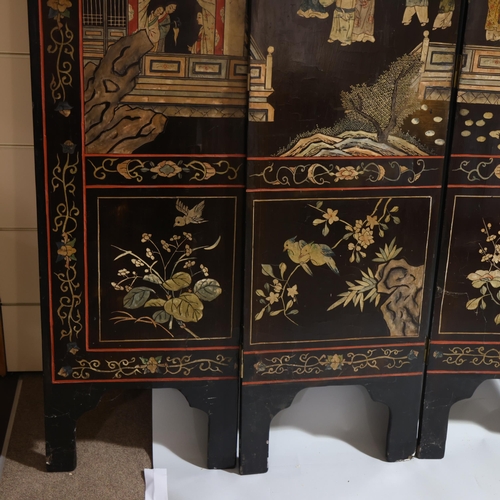 493 - A large Chinese relief carved and lacquered 8-section screen, early 20th century, height 213cm (7')