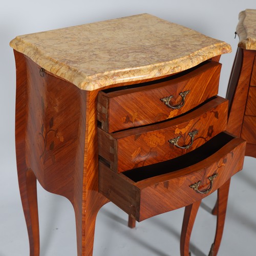 488 - A pair of French marble-topped bedside chests, with inlaid floral marquetry, width 40cm