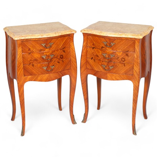 488 - A pair of French marble-topped bedside chests, with inlaid floral marquetry, width 40cm