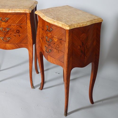 488 - A pair of French marble-topped bedside chests, with inlaid floral marquetry, width 40cm