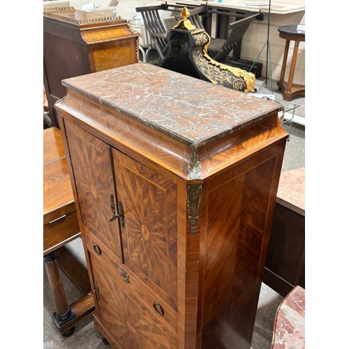 314 - A French kingwood and parquetry inlaid side cabinet, late 19th century with coloured marble top, 2 c... 