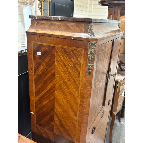 314 - A French kingwood and parquetry inlaid side cabinet, late 19th century with coloured marble top, 2 c... 