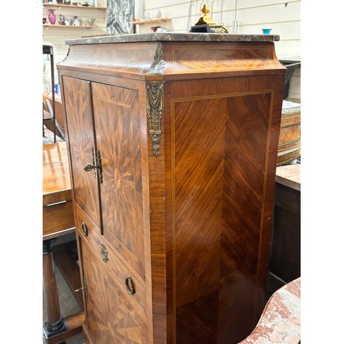 314 - A French kingwood and parquetry inlaid side cabinet, late 19th century with coloured marble top, 2 c... 