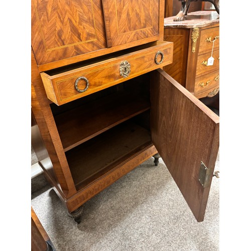 314 - A French kingwood and parquetry inlaid side cabinet, late 19th century with coloured marble top, 2 c... 