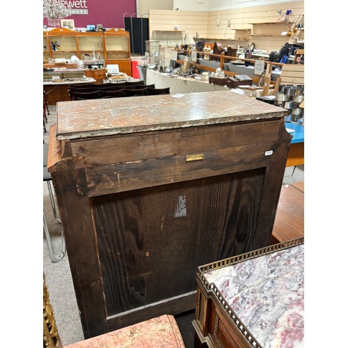 314 - A French kingwood and parquetry inlaid side cabinet, late 19th century with coloured marble top, 2 c... 