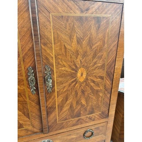 314 - A French kingwood and parquetry inlaid side cabinet, late 19th century with coloured marble top, 2 c... 