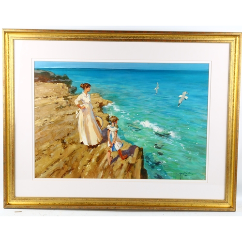 656 - John Haskins, oil on board, woman and child at the shore, signed, 46cm x 67cm, framed