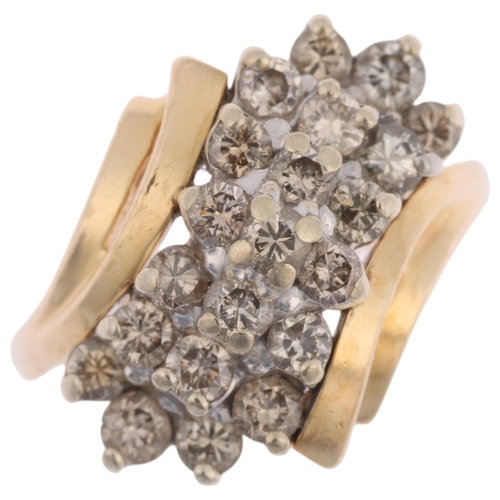 1290 - A 14ct gold diamond cluster crossover ring, set with modern round brilliant-cut diamonds, total diam... 