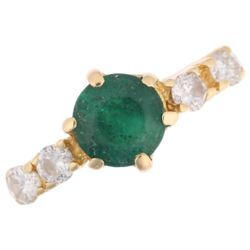 1293 - A modern emerald and diamond dress ring, apparently unmarked, setting height 7.2mm, size O, 2.4g