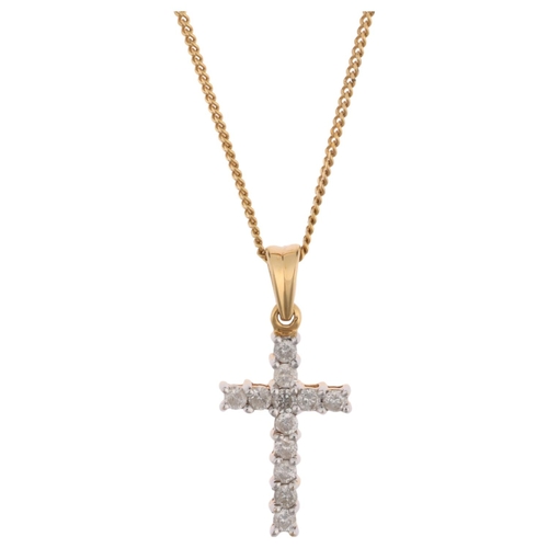 1294 - An 18ct gold diamond cross pendant necklace, on 9ct fine curb link chain, total diamond content appr... 