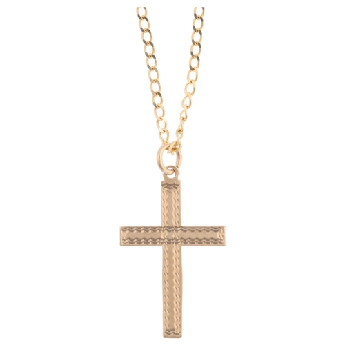 1295 - A 9ct gold cross pendant necklace, on 14ct flat curb link chain, pendant 28.1mm, chain 40cm, pendant... 