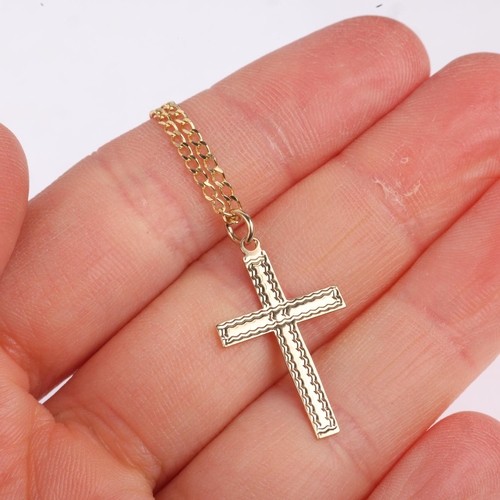 1295 - A 9ct gold cross pendant necklace, on 14ct flat curb link chain, pendant 28.1mm, chain 40cm, pendant... 