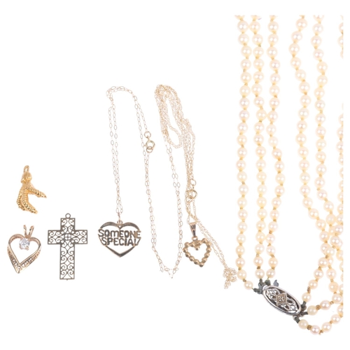 1315 - Various jewellery, including 9ct gold heart pendants, triple-strand lotus pearl necklace, etc