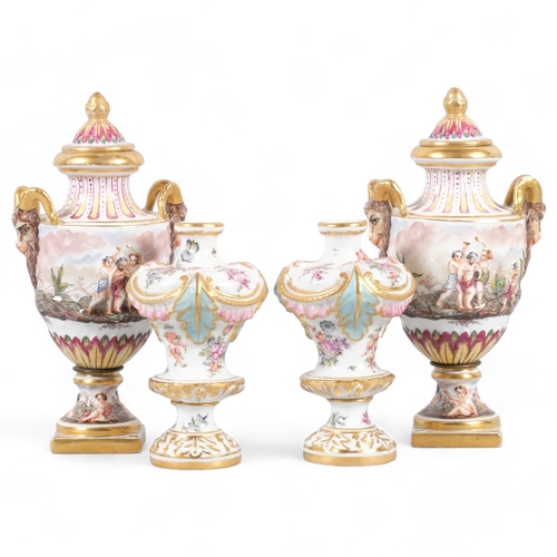 564 - A pair of 19th century Capodimonte cover urns with Classical scenes, together with a pair of Contine... 