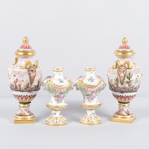 564 - A pair of 19th century Capodimonte cover urns with Classical scenes, together with a pair of Contine... 