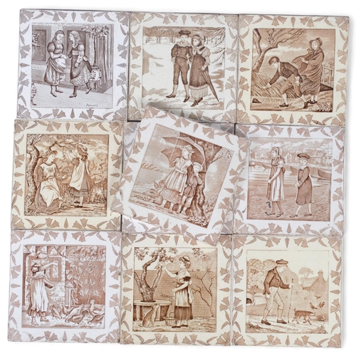 568 - A set of 10 old English tiles depicting months from January to October, 1880s, all 20.5cm square