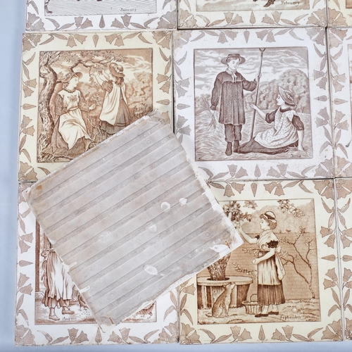 568 - A set of 10 old English tiles depicting months from January to October, 1880s, all 20.5cm square