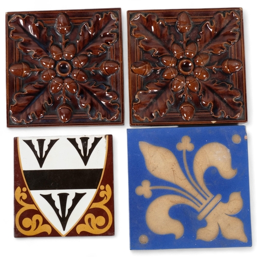 569 - 2 Minton quarry tiles, and 2 Moore & Co impressed oakleaf tiles in relief, largest 15cm square