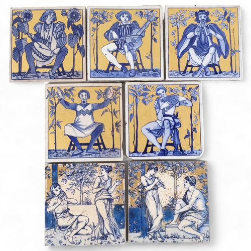 570 - A set of 5 Copeland blue and white tiles with gilding, depicting musicians, together with 2 Wedgwood... 