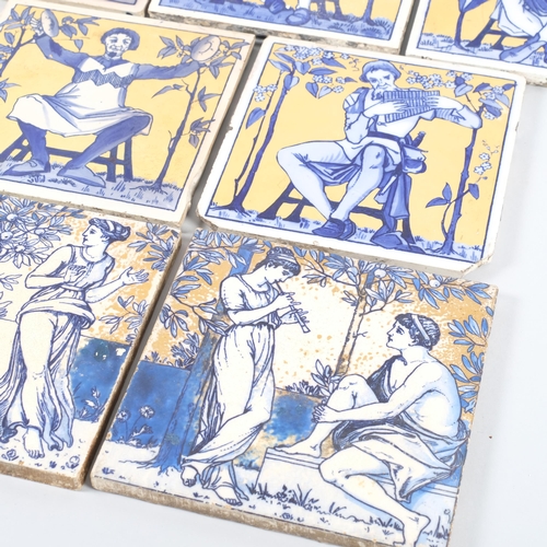 570 - A set of 5 Copeland blue and white tiles with gilding, depicting musicians, together with 2 Wedgwood... 