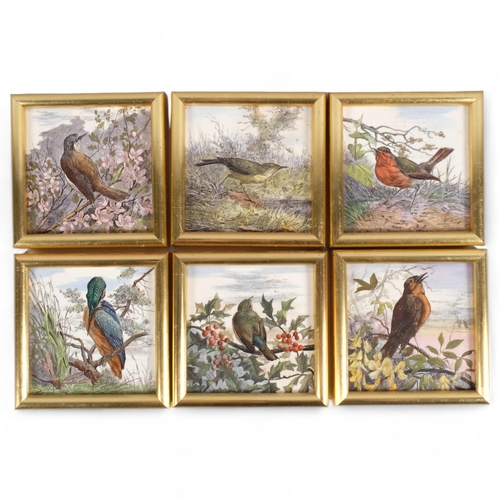 574 - A set of 6 late 18th/early 19th century tiles, with paintings of birds, all framed in gilt surround