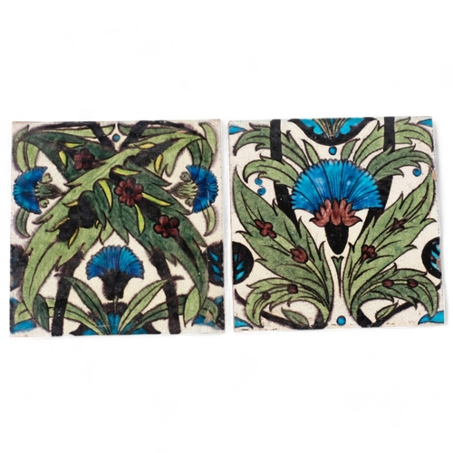 576 - A pair of William De Morgan tiles, Persian inspired design of flowers and foliage, circa 1880, maker... 