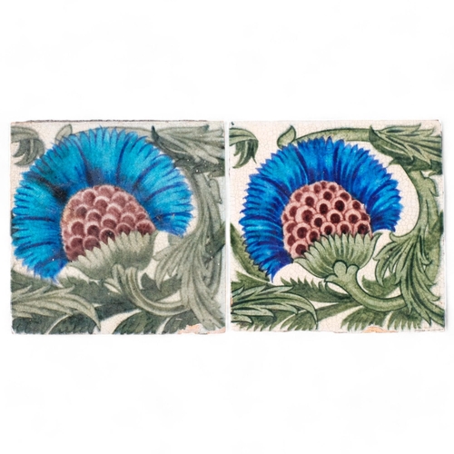 577 - A pair of William De Morgan tiles, Persian inspired flower and foliage, maker's stamp to reverse, 15... 