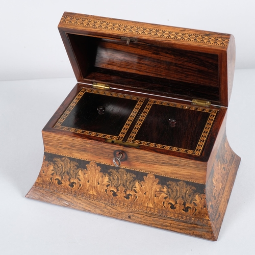 579 - A mid-19th century dome-topped Tunbridge Ware rosewood tea caddy, with pictorial dome depicting Bayh... 