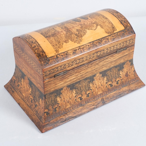 579 - A mid-19th century dome-topped Tunbridge Ware rosewood tea caddy, with pictorial dome depicting Bayh... 