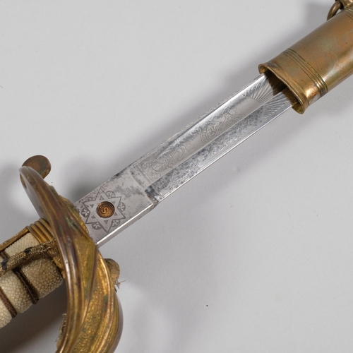 417H - A George VI Naval Officer's sword, with gilt-bronze mounts  and leather sheath and faux shagreen han... 