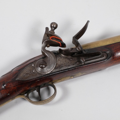 417K - An 19th century brass barrel flintlock Blunderbuss, makers mark Wilson inscribed on lock, engraved t... 