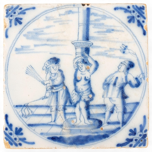 577A - An 17th/18th century delft tile depicting a flailing, 12.5cm sq