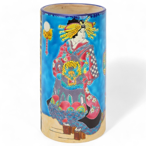 559 - A late 19th century Longwy cylinder vase, with Japonoiserie decoration woman and butterflies to reve... 