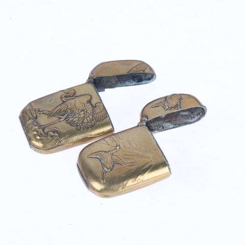 582 - Two Japanese brass vesta cases with crane decoration, longest 4.5cm