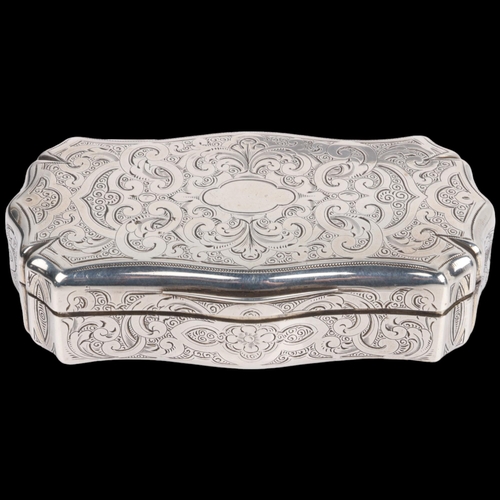 1465 - A 19th century French silver snuffbox, indistinct maker, shaped rectangular form, with allover engra... 