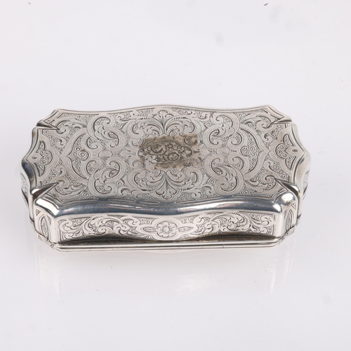 1465 - A 19th century French silver snuffbox, indistinct maker, shaped rectangular form, with allover engra... 