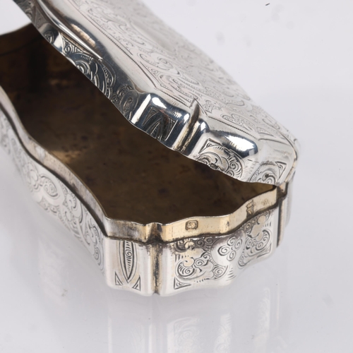 1465 - A 19th century French silver snuffbox, indistinct maker, shaped rectangular form, with allover engra... 