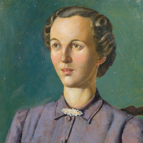 600 - Tom Cash, portrait of Eleanor, oil on board, dated 1943 verso, 50cm x 40cm, framed and glazed