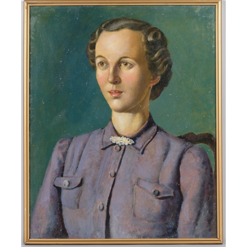 600 - Tom Cash, portrait of Eleanor, oil on board, dated 1943 verso, 50cm x 40cm, framed and glazed