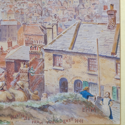 603 - Hastings from the East Hill, 19th century watercolour, signed with monogram EHM, 26cm x 36cm, framed