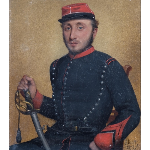 605 - 19th century French School, military portrait, indistinctly signed, dated 1871, 24cm x 19cm, framed