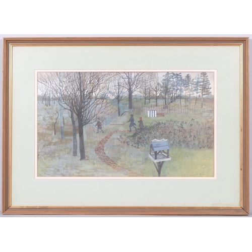 606 - Jane Taylor (active 1948 - 1974), children playing in an orchard, watercolour, 33cm x 55cm, framed