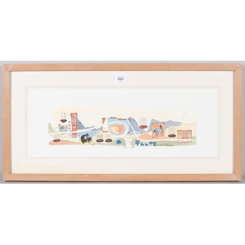 623 - Helen Roesel, the place to be, watercolour/ink, 2000, sheet size 20cm x 57cm, framed