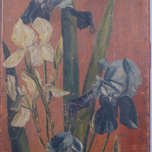 635 - Still life irises, German Arts and Crafts Period oil on wood panel, unsigned, 53cm x 22cm, unframed