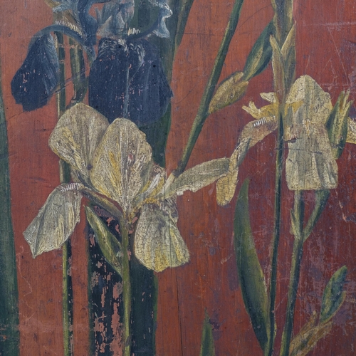 635 - Still life irises, German Arts and Crafts Period oil on wood panel, unsigned, 53cm x 22cm, unframed